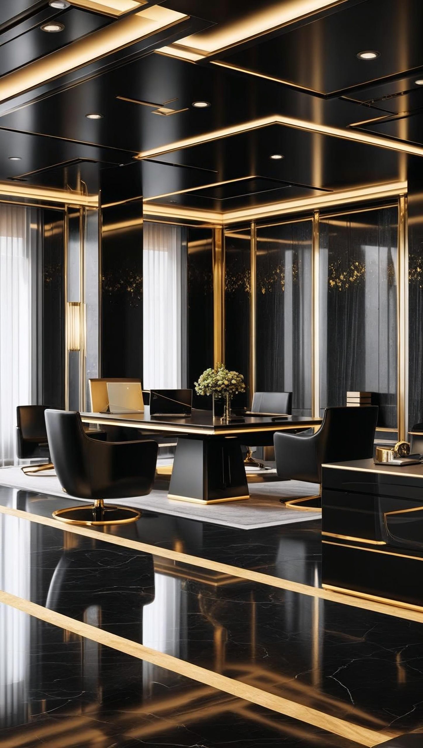 create a hd image of luxiour commercial office, it should look like office and black theme, more luxirious, black n golden theme, make it hd